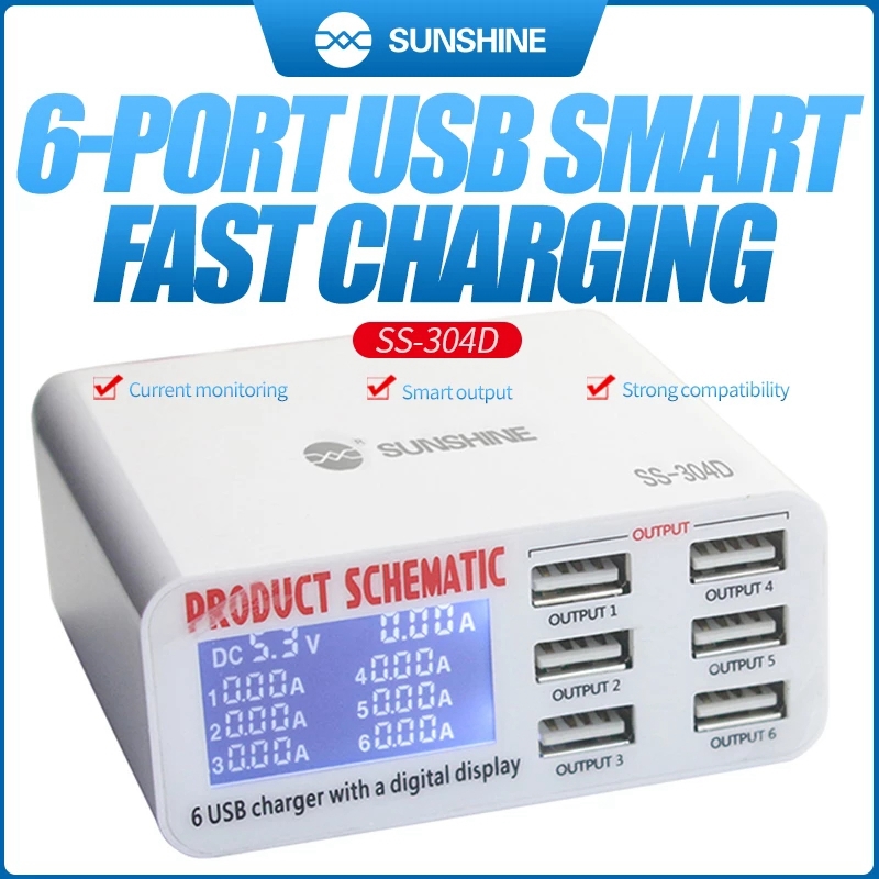 Sunshine SS-304D Universal 6 Ports USB Quick Charger 5V 6A Digital Display Fast Charger for iPhone iPad Electronic Product