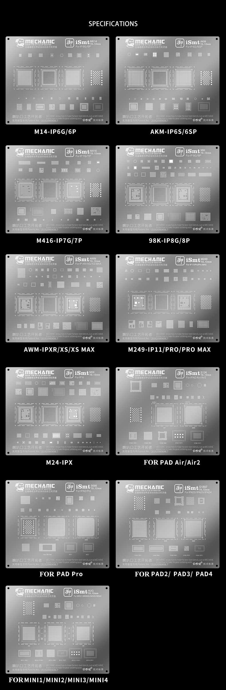 MECHANIC BGA Reballing Stencil for iPhone 6/6P/6S/6SP/7/7P/8/8P/X/XR/XS/XS Max/11/11Pro/11Pro Max iPad Rework Solder Template