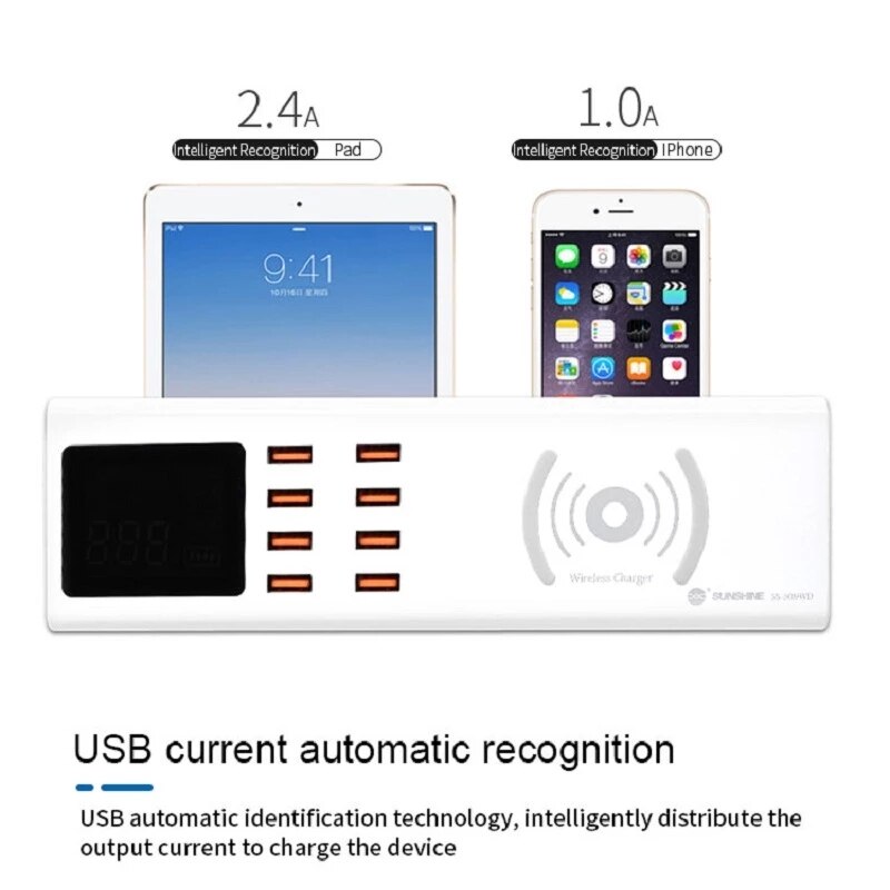 Sunshine SS-309WD LED Display Intelligent Wireless Charger With 8 Port Smart USB Charger For iPhone iPad Samsung Huawei Xiaomi