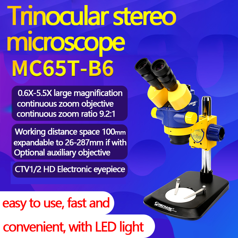 Mechanic MC65T-B6 Industrial Triocular stereo microscope 0.5 continuous zoom 100mm 26-287mm 1/2 CTV with LED light