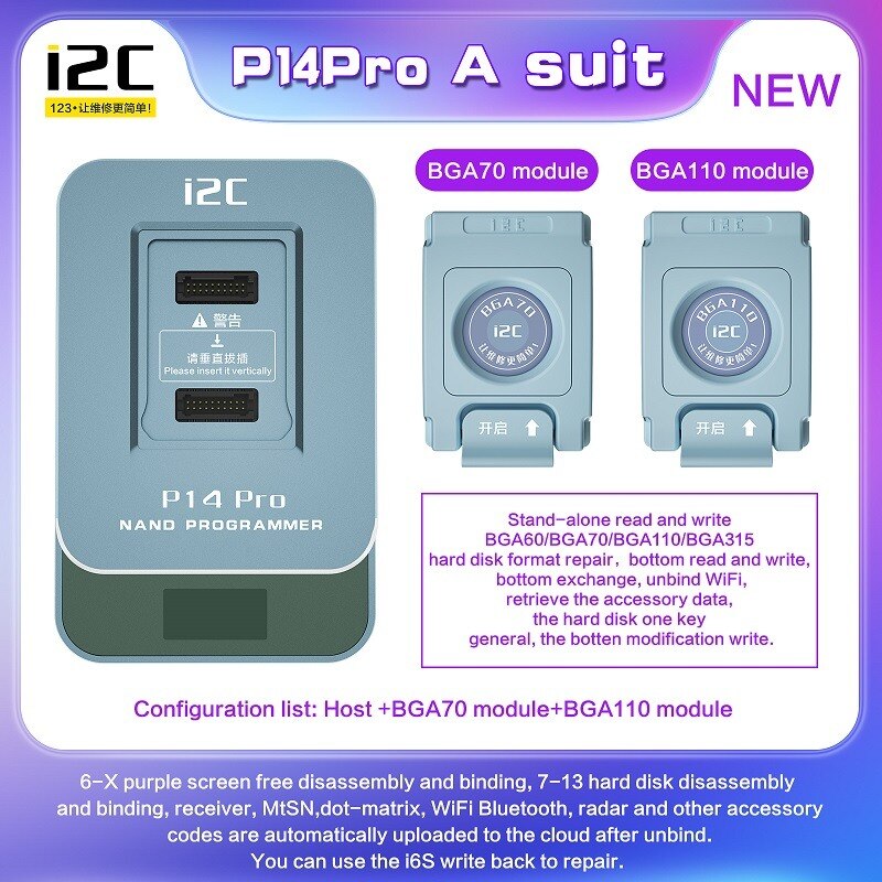 I2C P14 PRO Nand Programmer For iPad iPhone X 14PM HDD Purple Screen Mode DFU Read Write Data Unbind Wifi Bluetooth SN Number