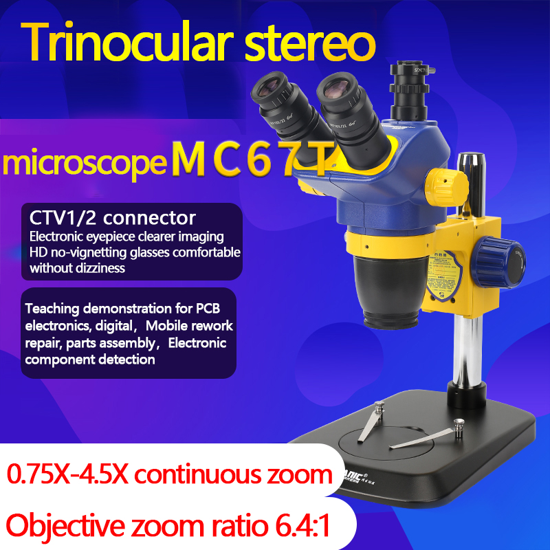 Mechanic MC67T-B6 Industrial Trinocular stereo microscope continuous double zoom 3.35X-270X 1/2 CTV 0.67X-4.5X wide angle eyepiece focus knob 2020 new
