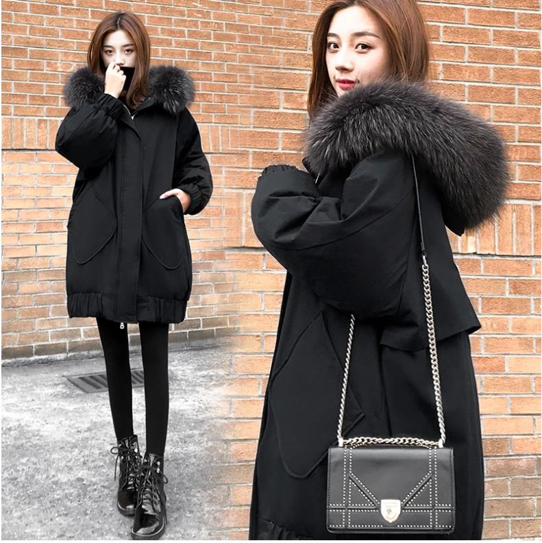 Tom Hagen Winter Coat and Jacket Women Fur Collar Long Coat Hooded Parka Black Warm Korean Fashion Duck Down Jacket