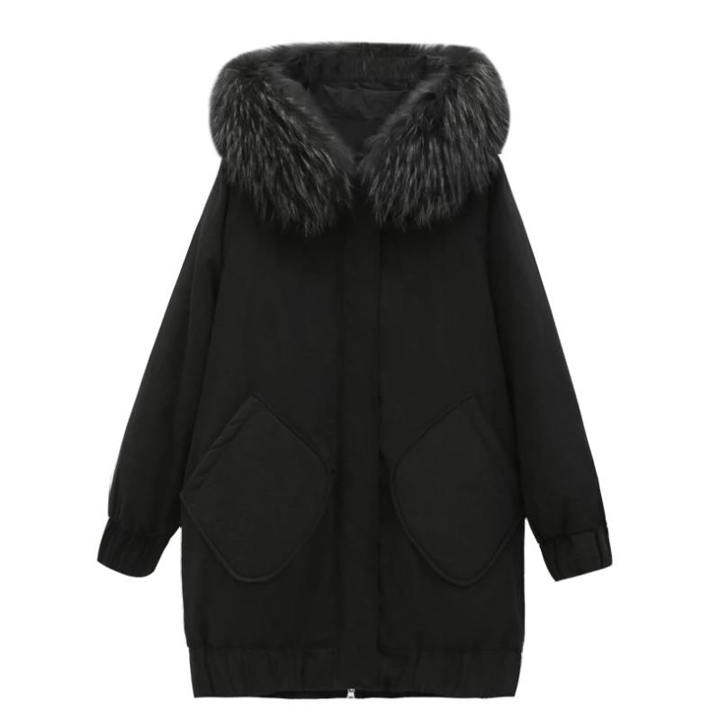 Tom Hagen Winter Coat and Jacket Women Fur Collar Long Coat Hooded Parka Black Warm Korean Fashion Duck Down Jacket