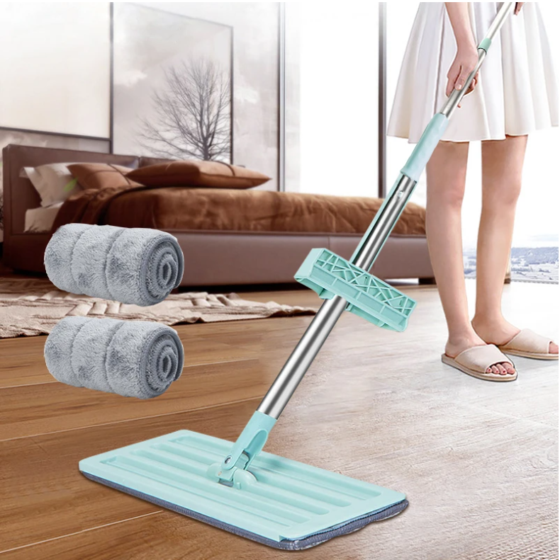 Microfiber Flat Mop Hand Free Squeeze Cleaning Floor Mop with 2 Washable Mop Pads Lazy Mop Household Cleaner Tools