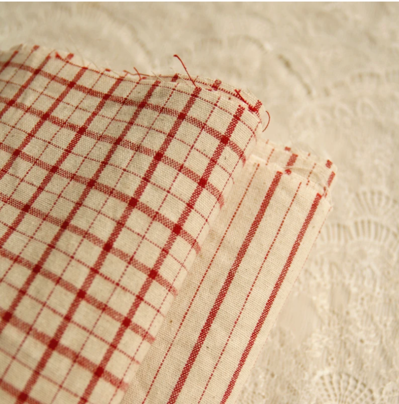 140x50cm Vintage Red Linen Plaid Striped Yarn-Dyed Cotton Sewing Fabric, Making Tablecloth Dress Bag Cloth