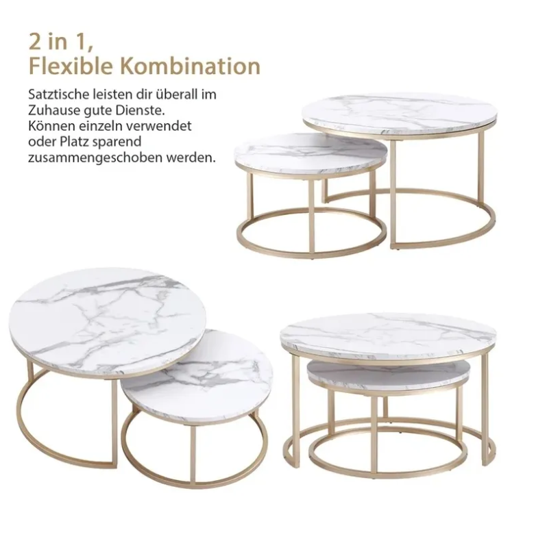 2 In 1 Marble Texture Coffee Table Living Room Sofa Side Round Tea Desk Combination Home Furniture Metal Bracket Mesa Furniture