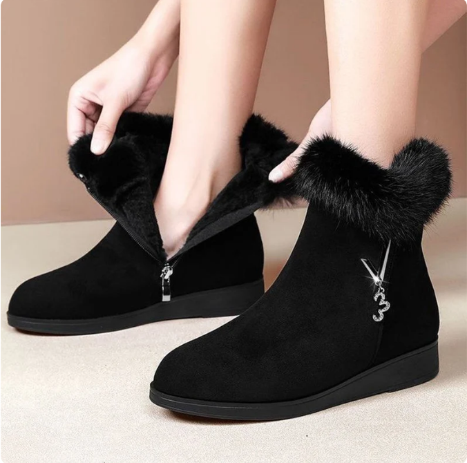 Women Flats Shoes Platform Fur Crystal Luxury Chelsea Ankle Boots Winter 2023 New Trend Warm Short Plus Cotton Goth Snow Boots