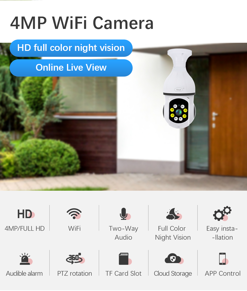 Neye 2K/4MP HD Bulb Camera 2.4G/5G WiFi IP Camera PTZ Home Camera 360 Degree View Lamp Camera