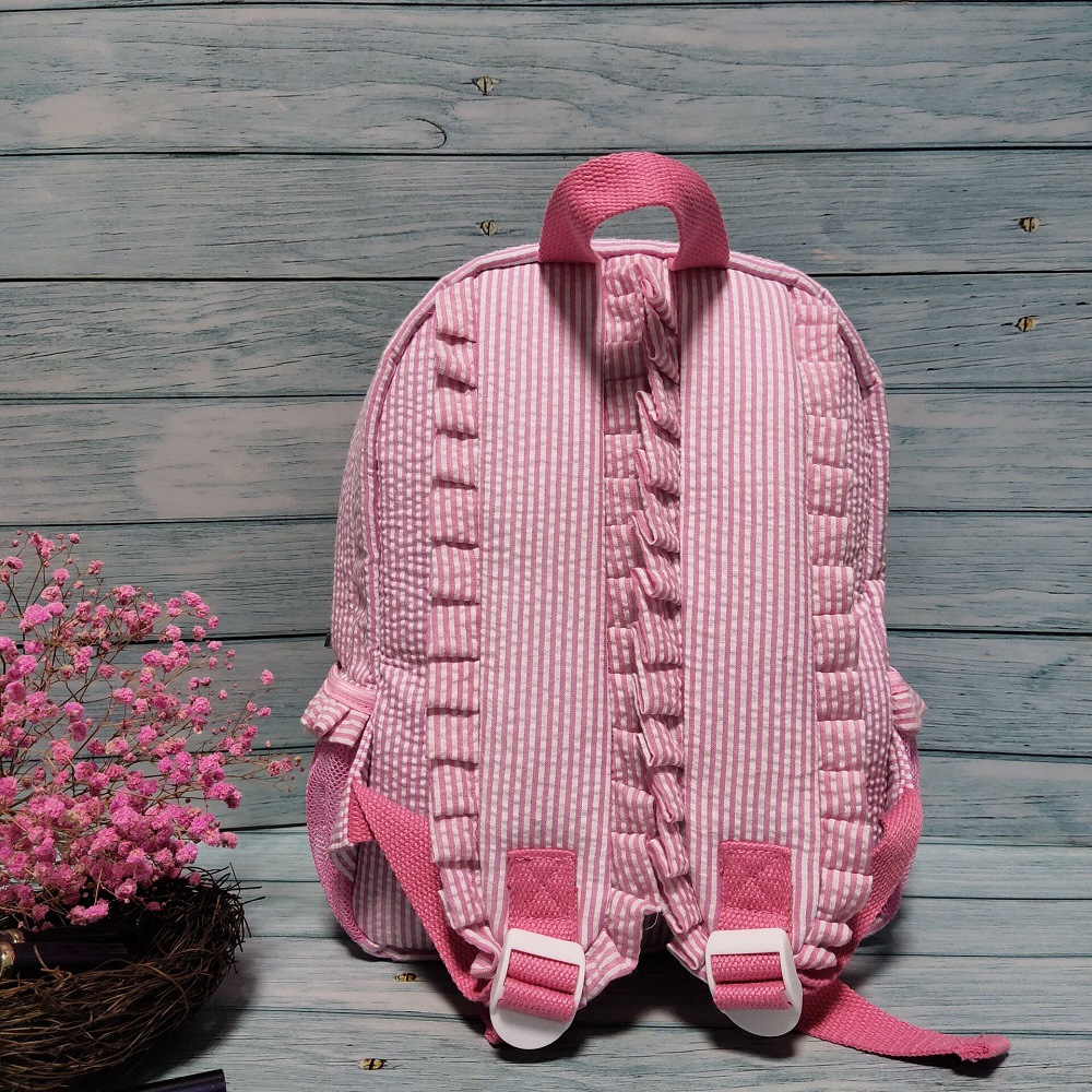 USA Warehouse Pink Girl Ruffel Seersucker Kindergarten Backpack for 2-6 years
