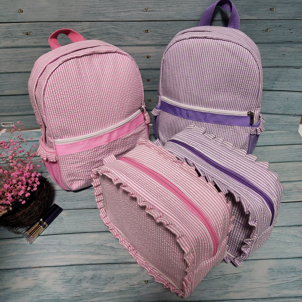 USA Warehouse Pink Girl Ruffel Seersucker Kindergarten Backpack for 2-6 years