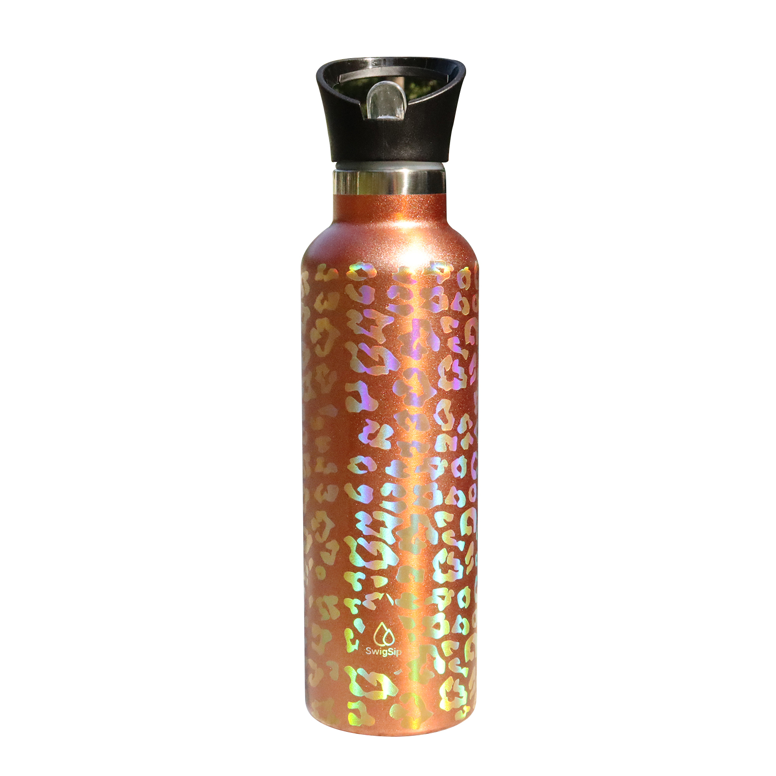 Swig Sip Rainbow Laser Rose Gold Leopard Water Bottle
