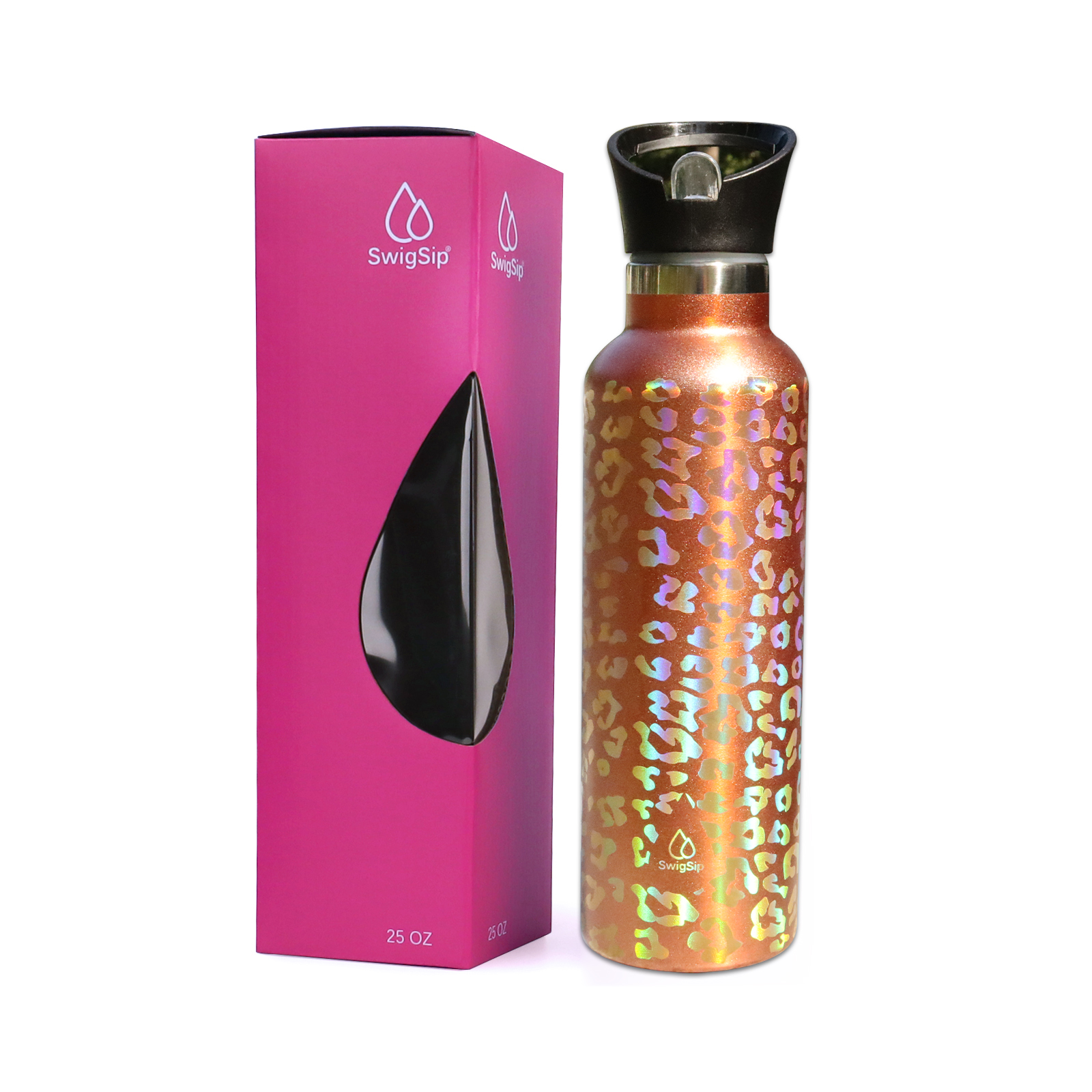 Swig Sip Rainbow Laser Rose Gold Leopard Water Bottle