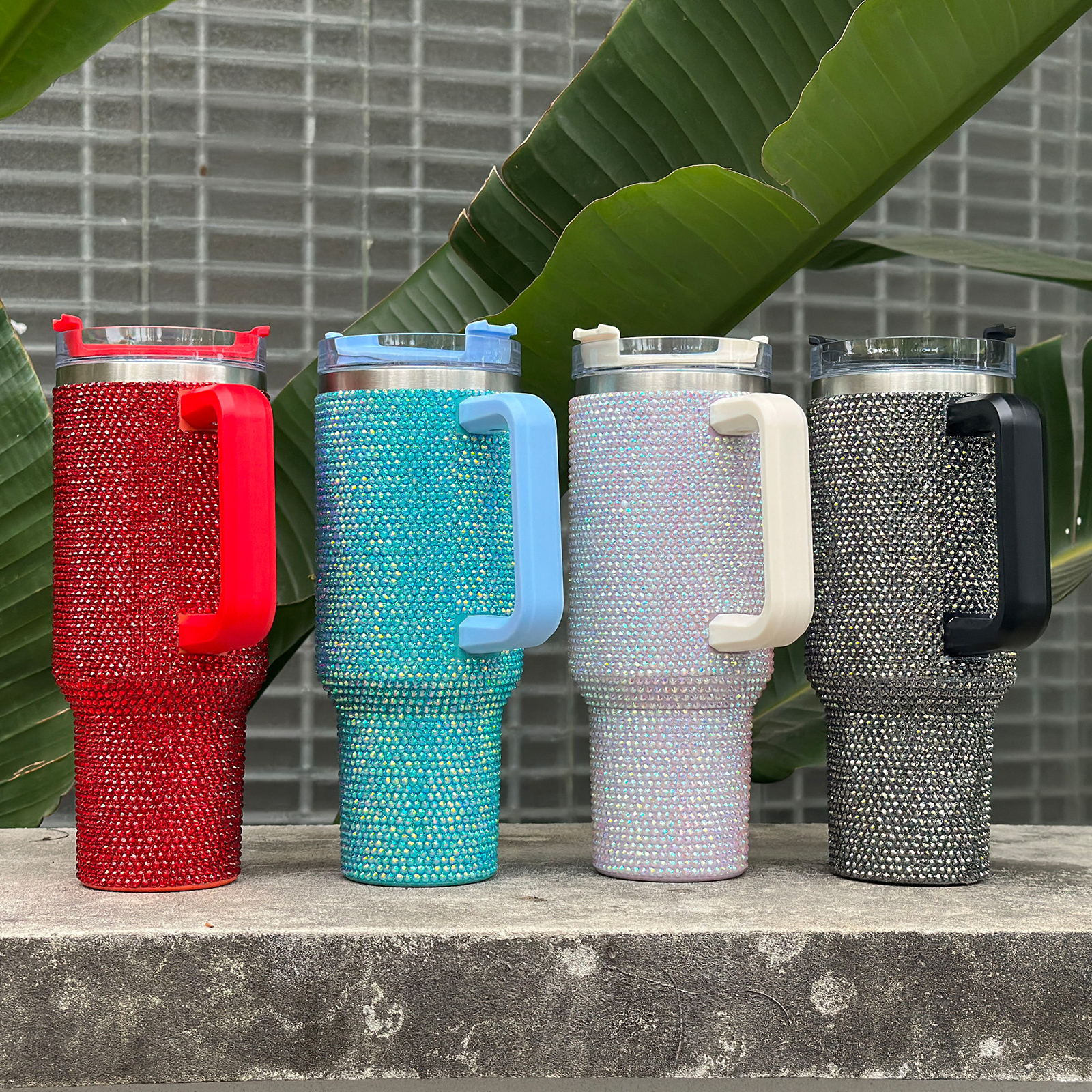 Aqua 40oz Rhinestone Tumblers with Lid & Straw