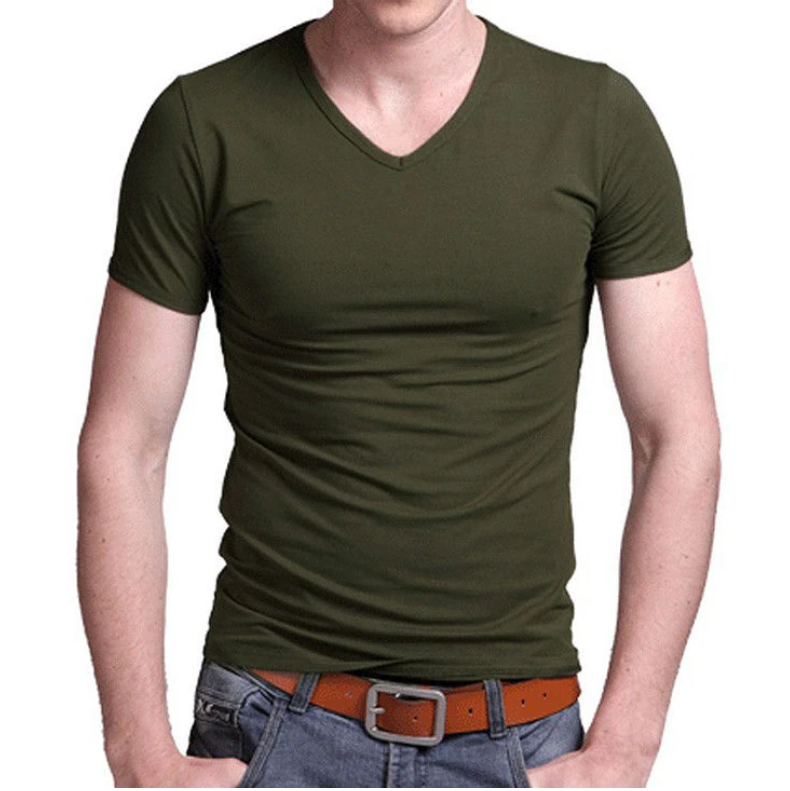 2022 Stretch Lycra V Collar Mens T Shirt Solid Color Short Sleeved T-Shirt For Male Men Tights Slim Tshirt