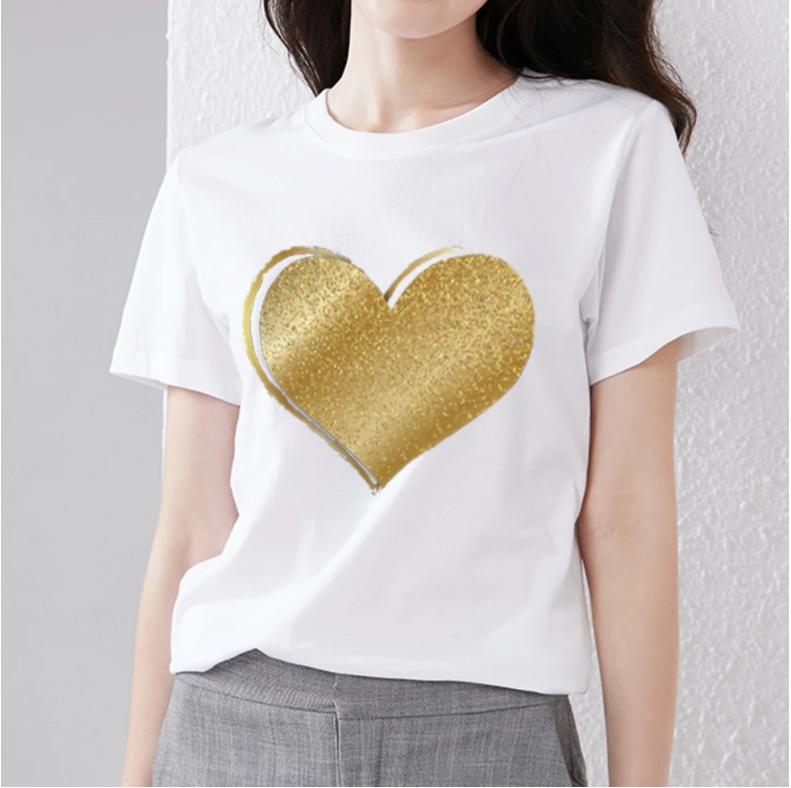 Women's T-shirt All-match Ins Wind Korean Version of The Heart Pattern Printing Series Ladies Slim Commuter Soft Round Neck Top