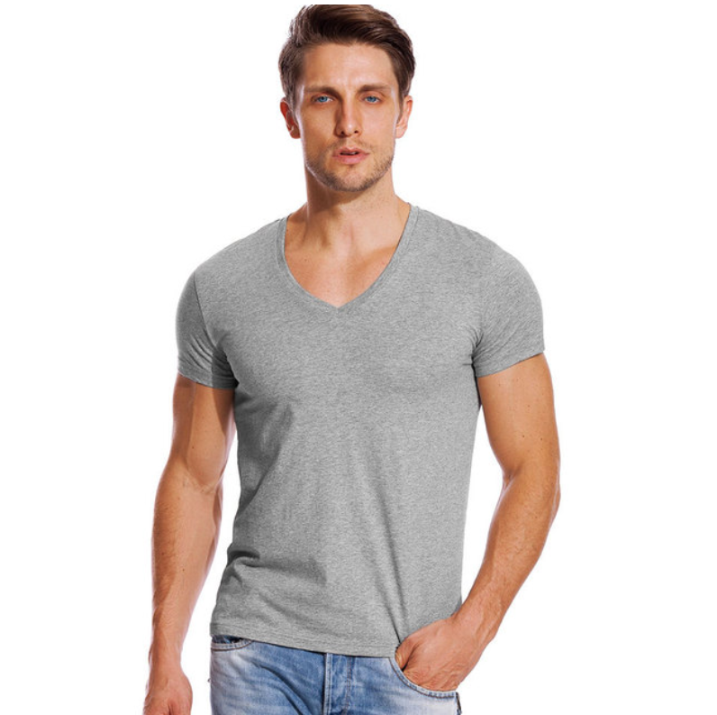 Solid V Neck T Shirt for Men Low Cut Stretch Vee Top Tees Slim Fit Short Sleeve Fashion Male Tshirt Invisible Undershirt Summer