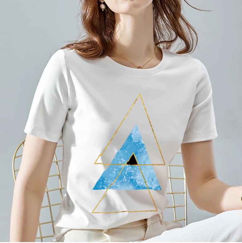 Women Fashion Tops Geometry Pattern Print T-Shirt White All-match Commute Short Sleeve Tops Ladies O-Neck Tee Womens Clothing