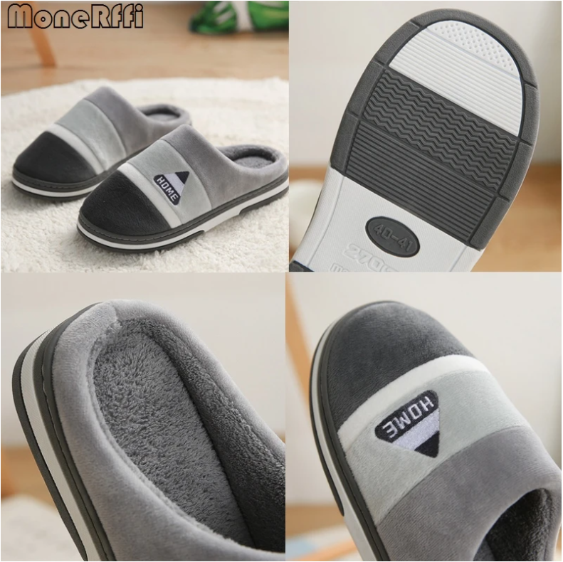 Warm Cotton Slippers For Men Winter Home Wear-Resistant Stripe Non-slip Indoor Slides Couple  Shoes Classic Men Slippers