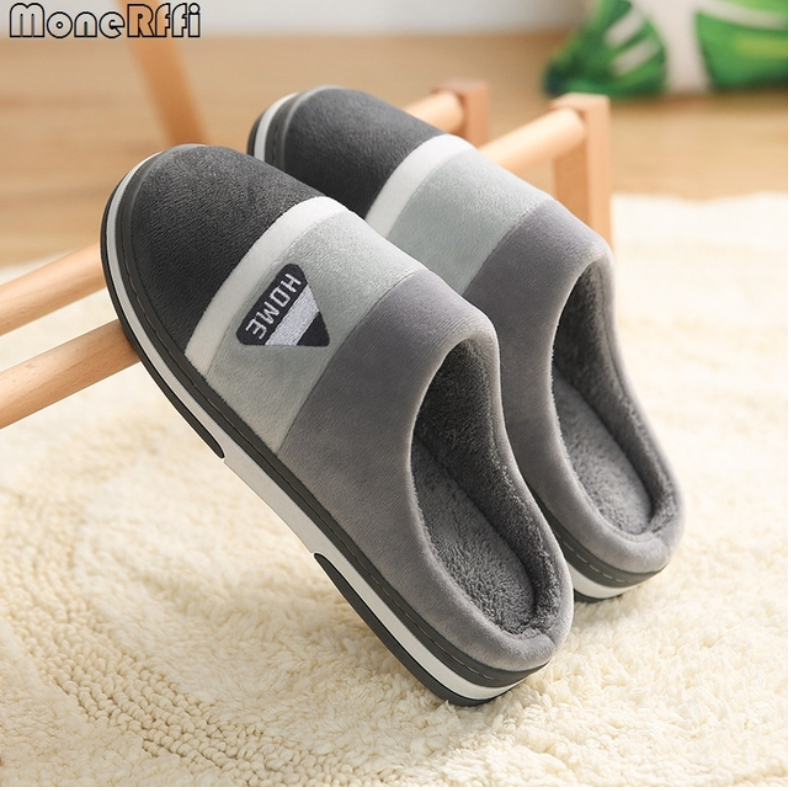 Warm Cotton Slippers For Men Winter Home Wear-Resistant Stripe Non-slip Indoor Slides Couple  Shoes Classic Men Slippers