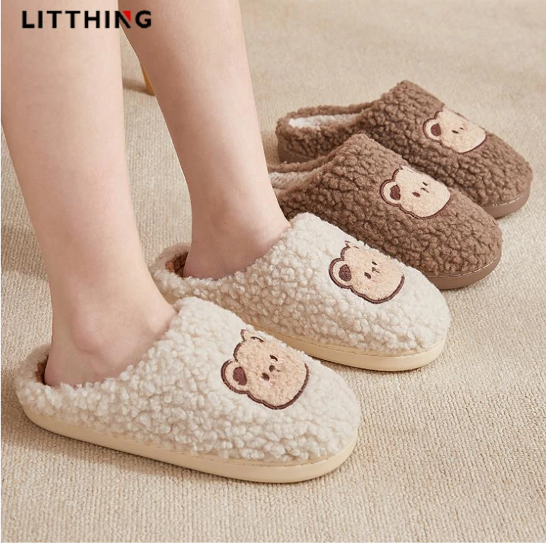 Winter Warm Indoor Animal Fluffy Plush Home Slippers Cute Bear Women Men Girls Slippers Kawaii Flat Cartoon Bear Slides Shoes