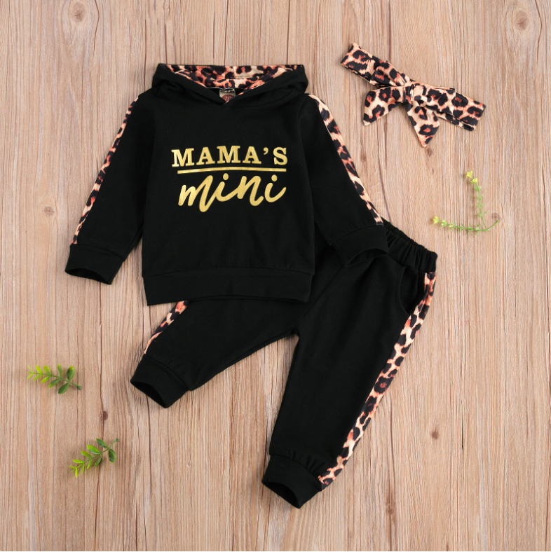 Infant Baby Girl Long-sleeved Trousers Suit Letter Hooded T-shirt Leopard Stitching Long Pants Headband 3Pcs Clothes Spring Fall