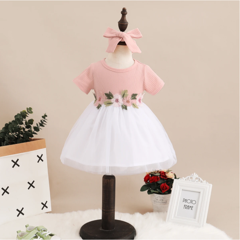 Lace Baby Dress Short Sleeve Baby Girl Clothes A-line Dresses Baby Clothes with Headband Summer Girl Clothing Fashion Dress