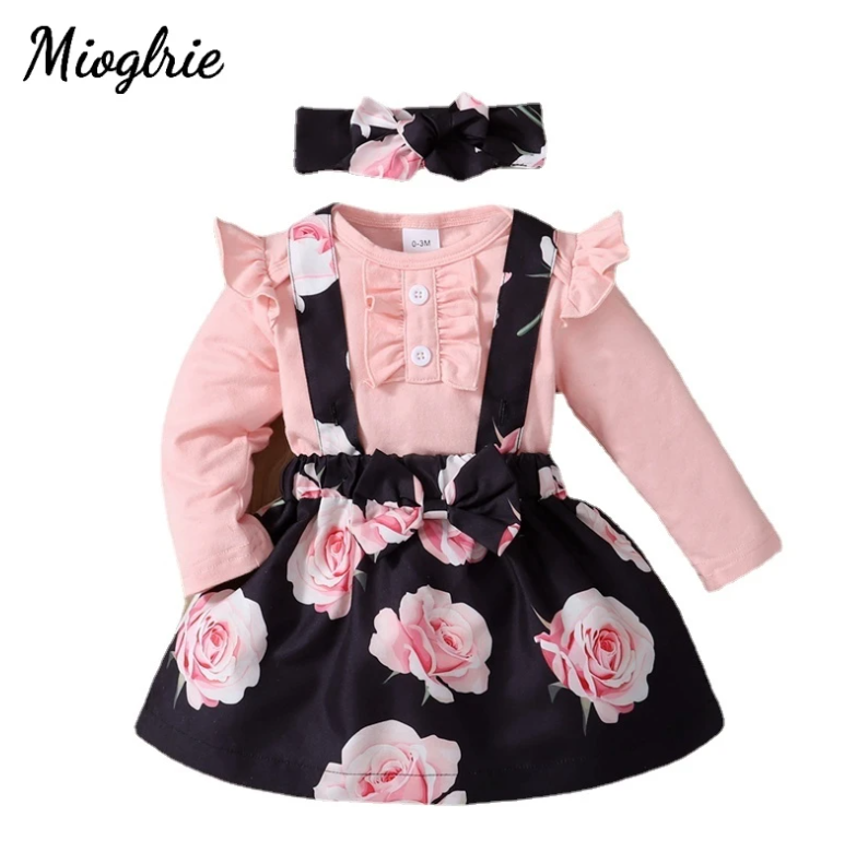 0-2 Years Toddler Baby Girls Dress Long Sleeves Pink Bodysuit Rose Floral Suspender Skirt Caual Newborn Baby 3PCS Outfit Clothes