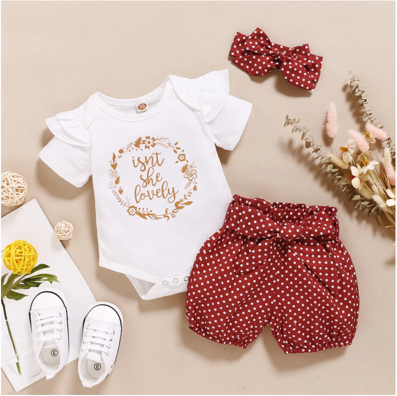 0-18 Months Baby Girls Clothes Romper Dot Pant with Elastic Waistband and Dot Headband with Bowknot 3Pcs Casual Outfits Set