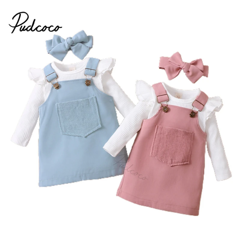 3Pcs Baby Girls Outfit, Sweet Style Solid Color Long Sleeve Round Collar Romper + Front Pocket Suspender Skirt + Headwear Set