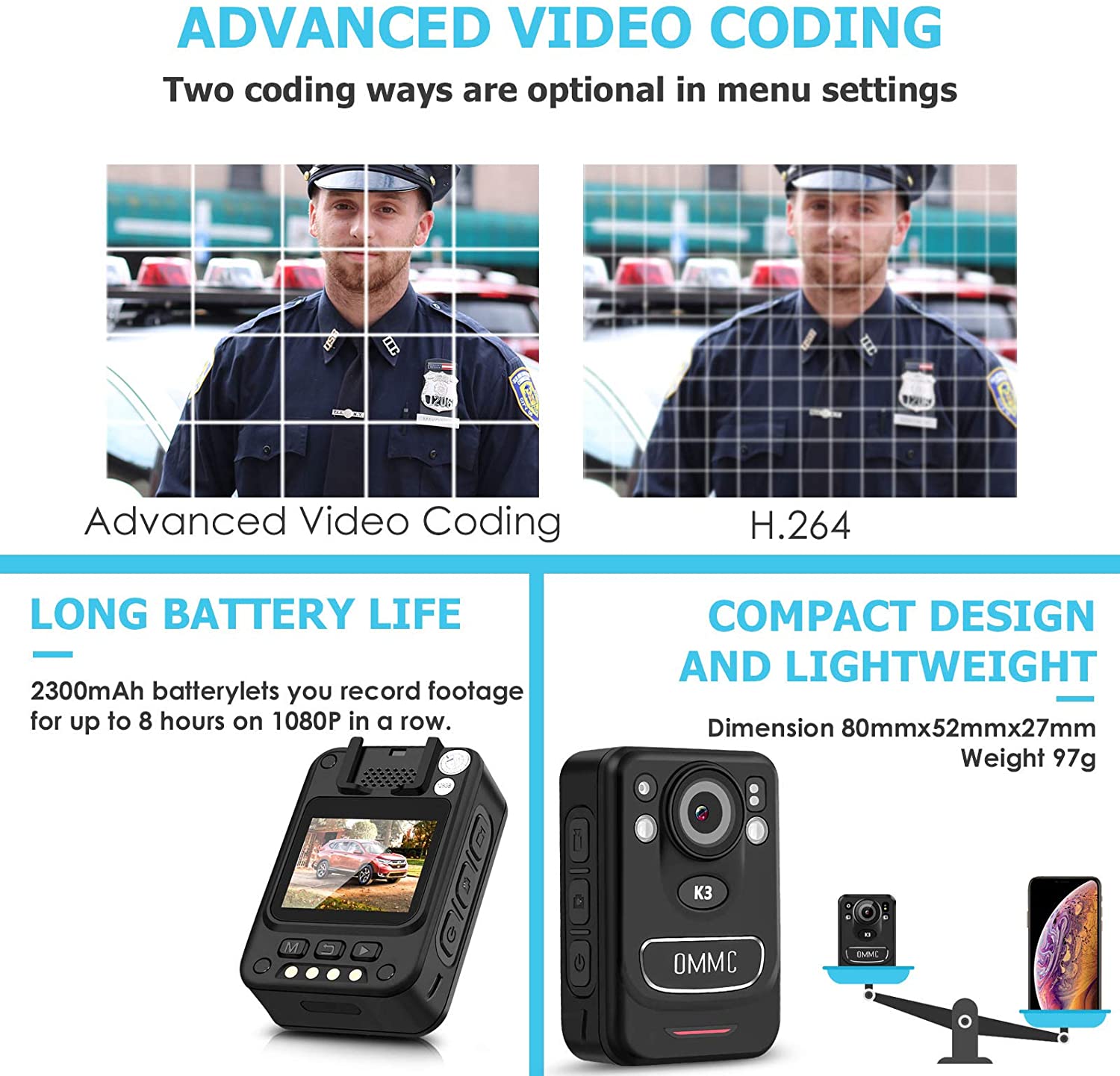 CammPro C3  Fully Featured 1440P Full High Definition Video Audio Body Worn Camera H.265 Security Camera