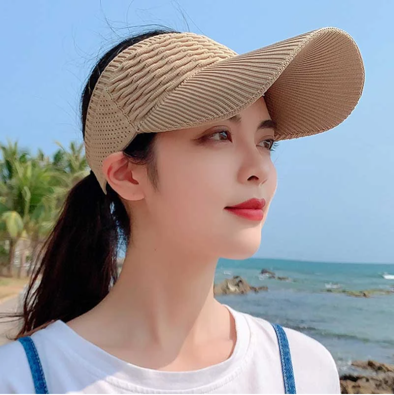 Fashion Folds Design Women Empty Top Hat Summer Solid Color Large Brim Sunscreen Hat Outdoor Elastic Fabric Sports Sun Cap 8010