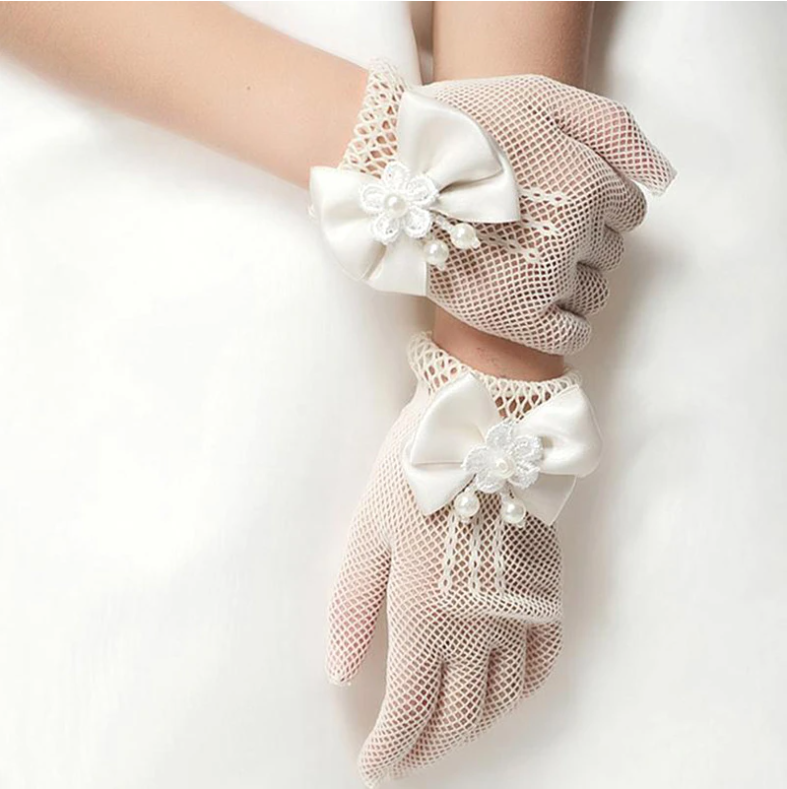 Girls Mesh Bow Lace Pearl Decoration Gloves Party Supplies Children Birthday Ceremony Coronation Accessories Gift Mittens