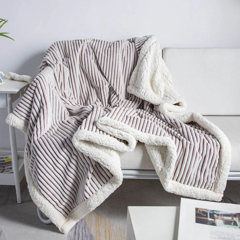 Lamb Cashmere Soft Blanket Warm Striped Bedding Sherpa Plaid Baby Receiving Blankets Outdoor Camping Rugs Winter Coverlet