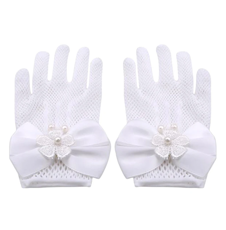 Girls Mesh Bow Lace Pearl Decoration Gloves Party Supplies Children Birthday Ceremony Coronation Accessories Gift Mittens