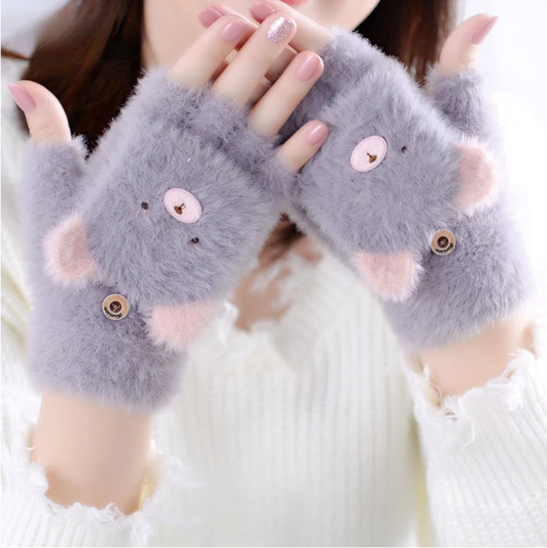 1Pair Women Girls Lovely Winter Warm Fingerless Gloves Fluffy Bear Plush Paw Claw Half Finger Gloves Mittens 4 Colors