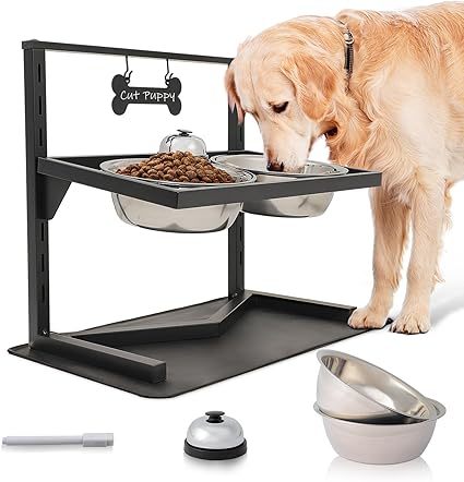 Grand Line Elevated Dog Bowls 7 Height Adjustable, 10° Tilted Raised Dog Bowls Stand with Spill Proof Mat, Two 1.5L Stainless Steel Dog Food Water Bowls for Large Medium Small Dogs (4.3" - 13.8" in)